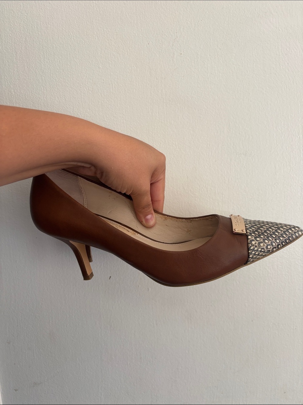 COACH Brown Leather Pointed Toe Flats with Patterned Toe and Gold Plaque - Picture 15 of 16